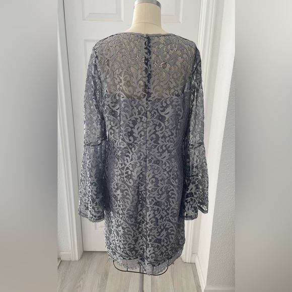 White House Black Market Silver Gray Metallic Lace Bell Sleeve Dress. - Picture 7 of 17